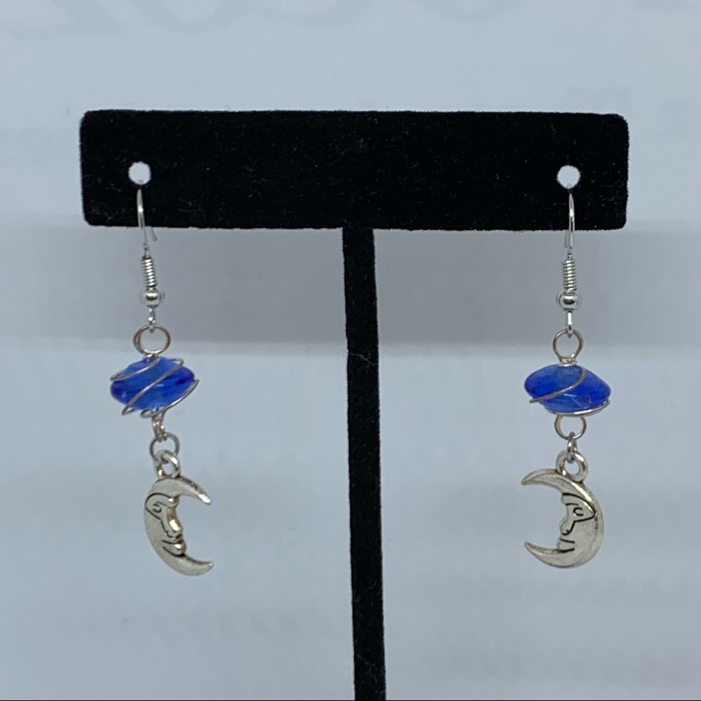Blue Wire Wrapped Moon Earrings